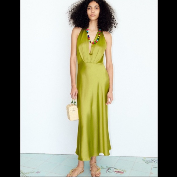 ZARA GREEN SILK HALTER DRESS - Picture 1 of 3